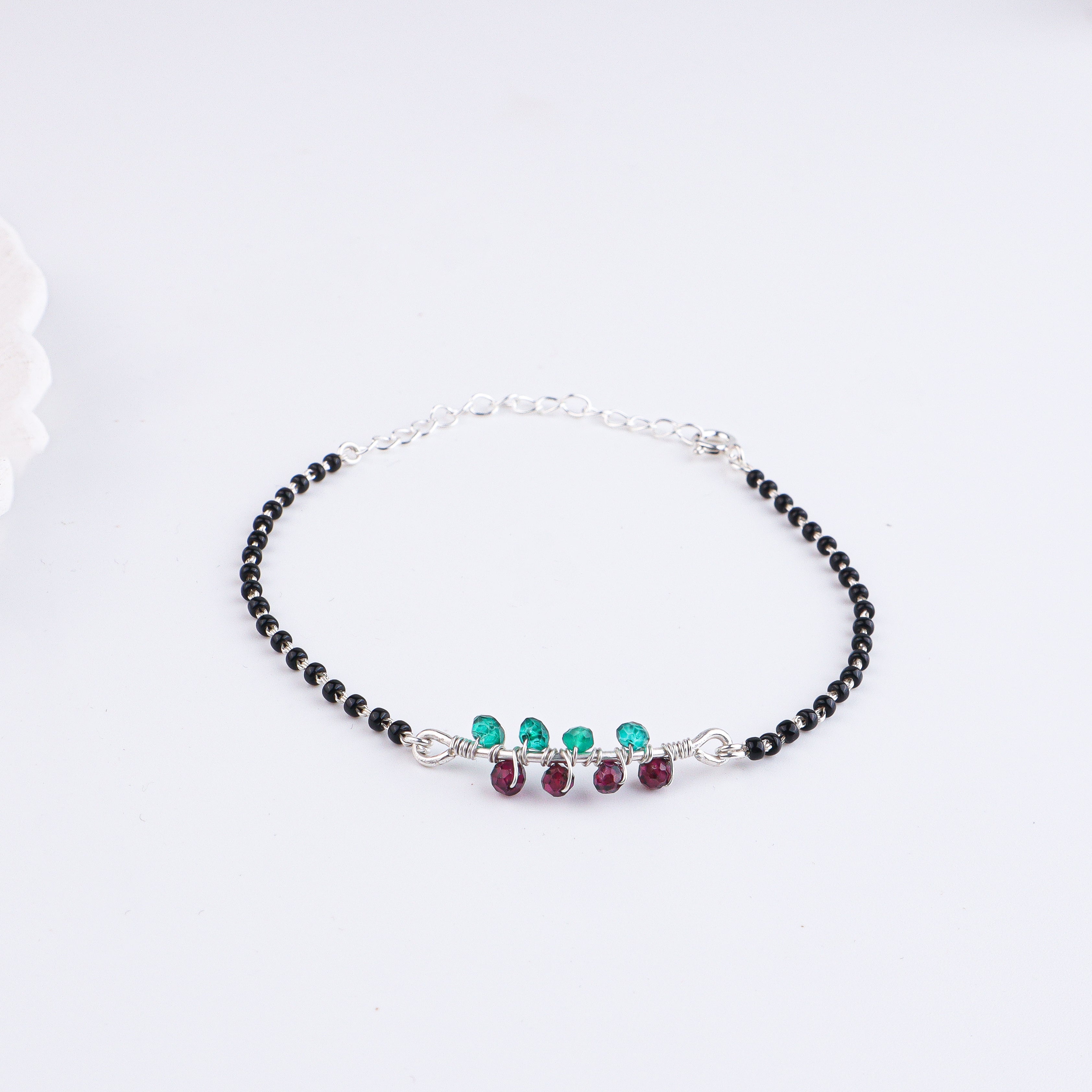 Green Onyx & Garnet Silver Mangalsutra Bracelet (Project Handmade)