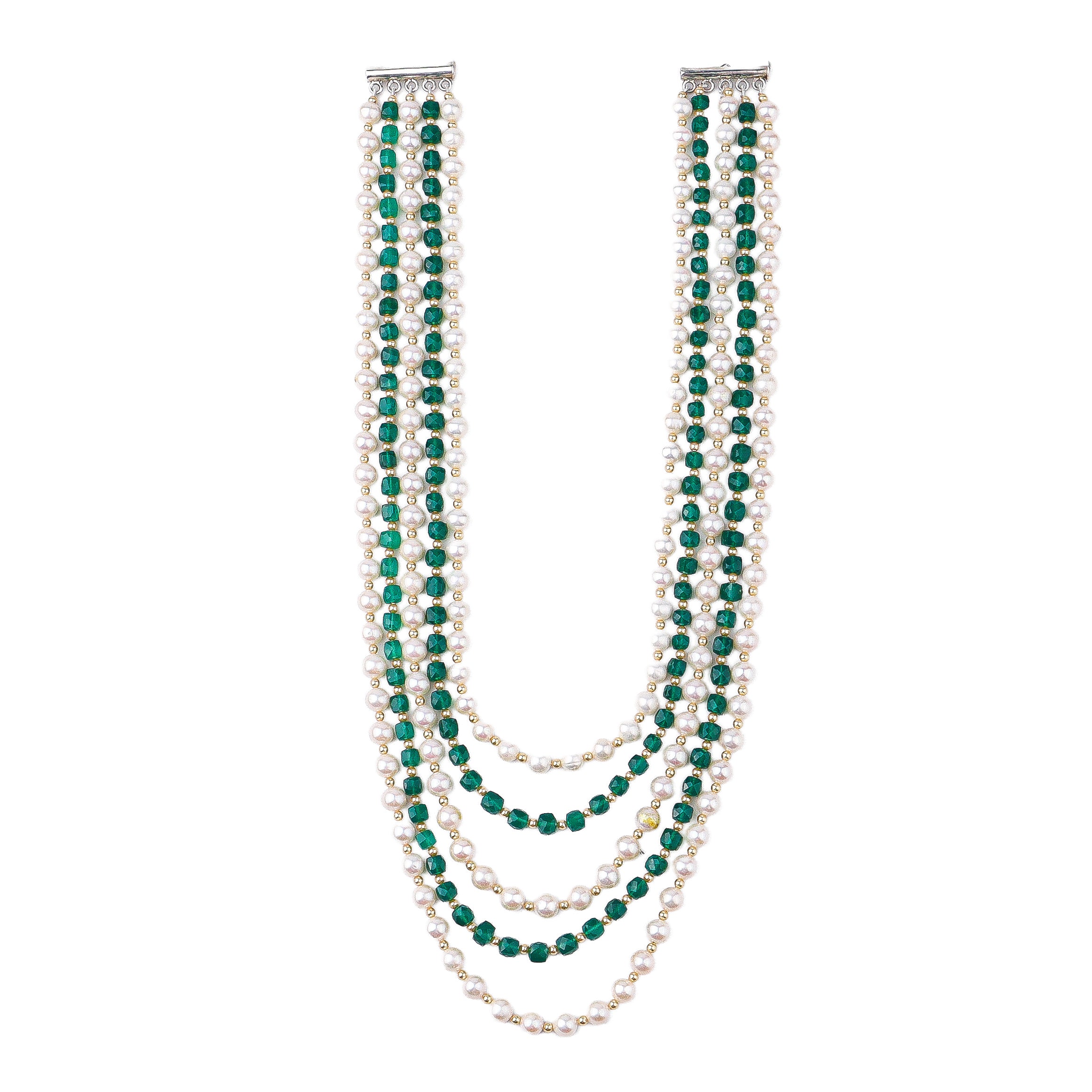 Luxe Necklace with Green Onyx, Fresh Water & Golden Pearls