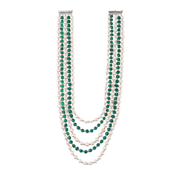 Luxe Necklace with Green Onyx, Fresh Water & Golden Pearls
