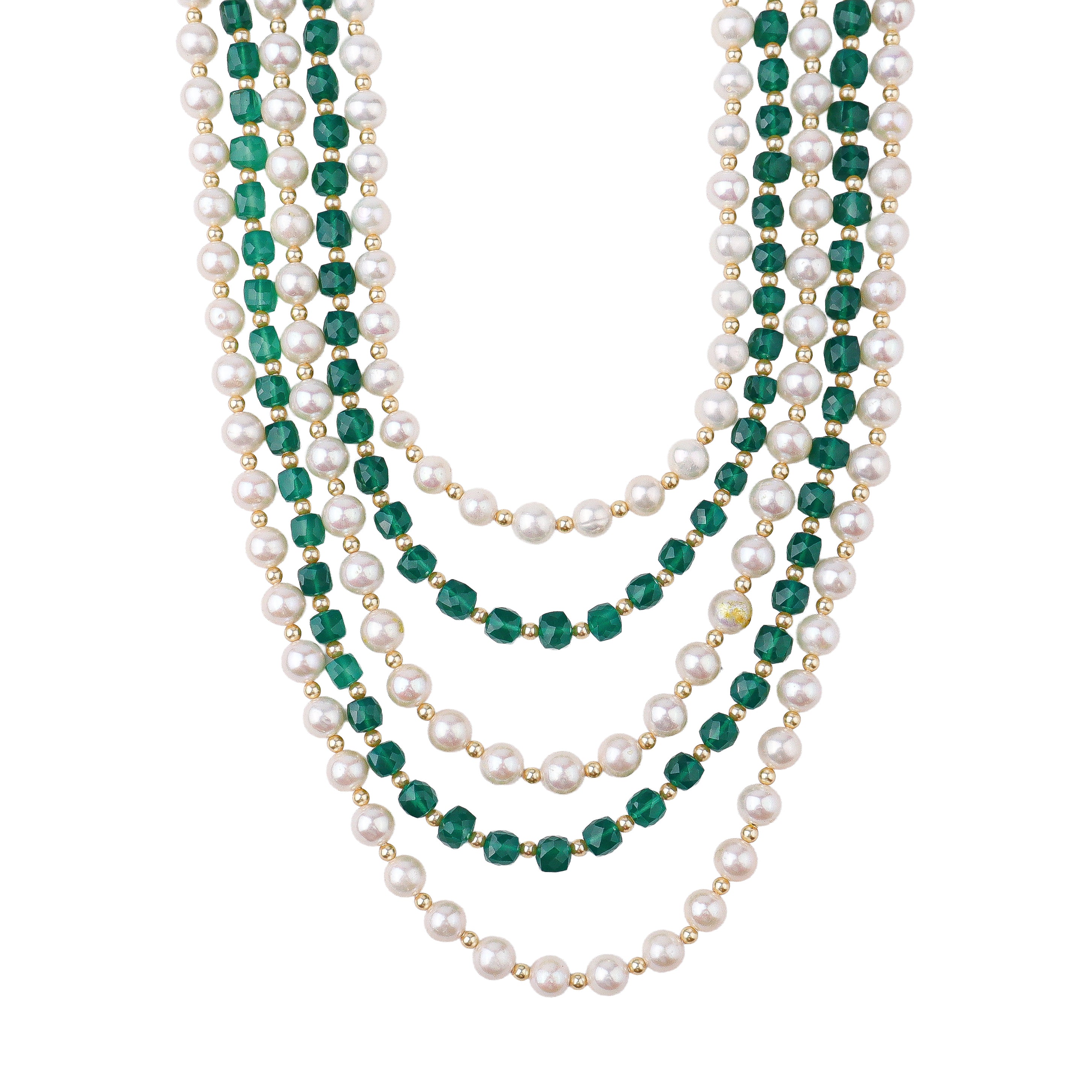 Luxe Necklace with Green Onyx, Fresh Water & Golden Pearls