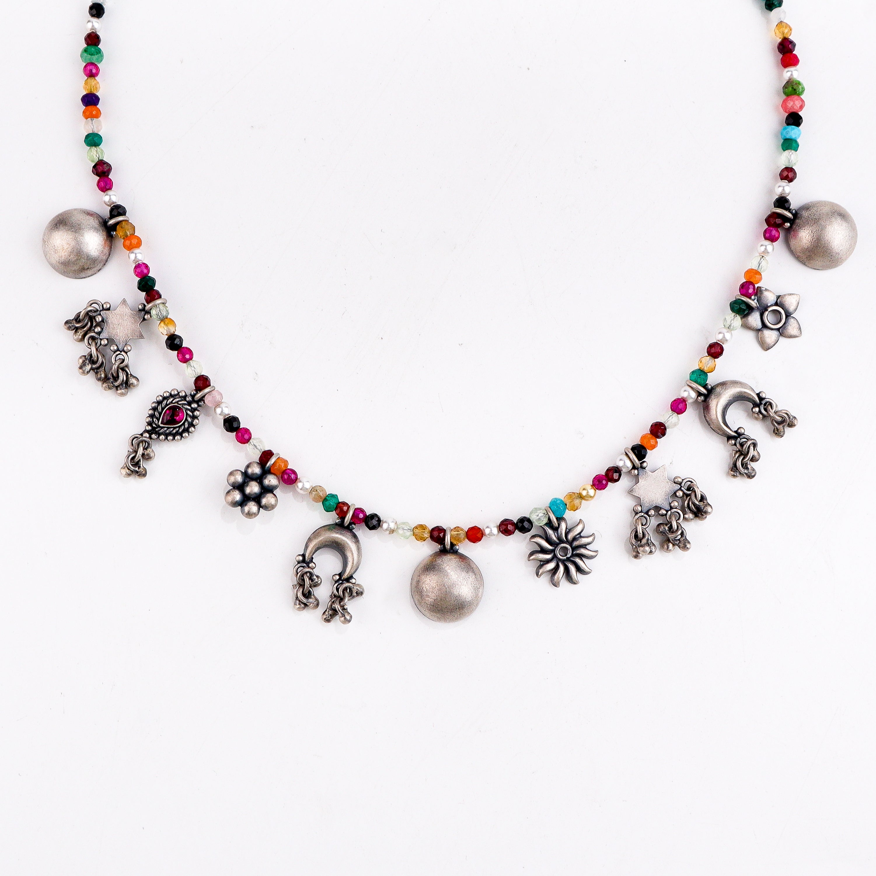 Detail highlighting stone colours and handcrafted silver finish