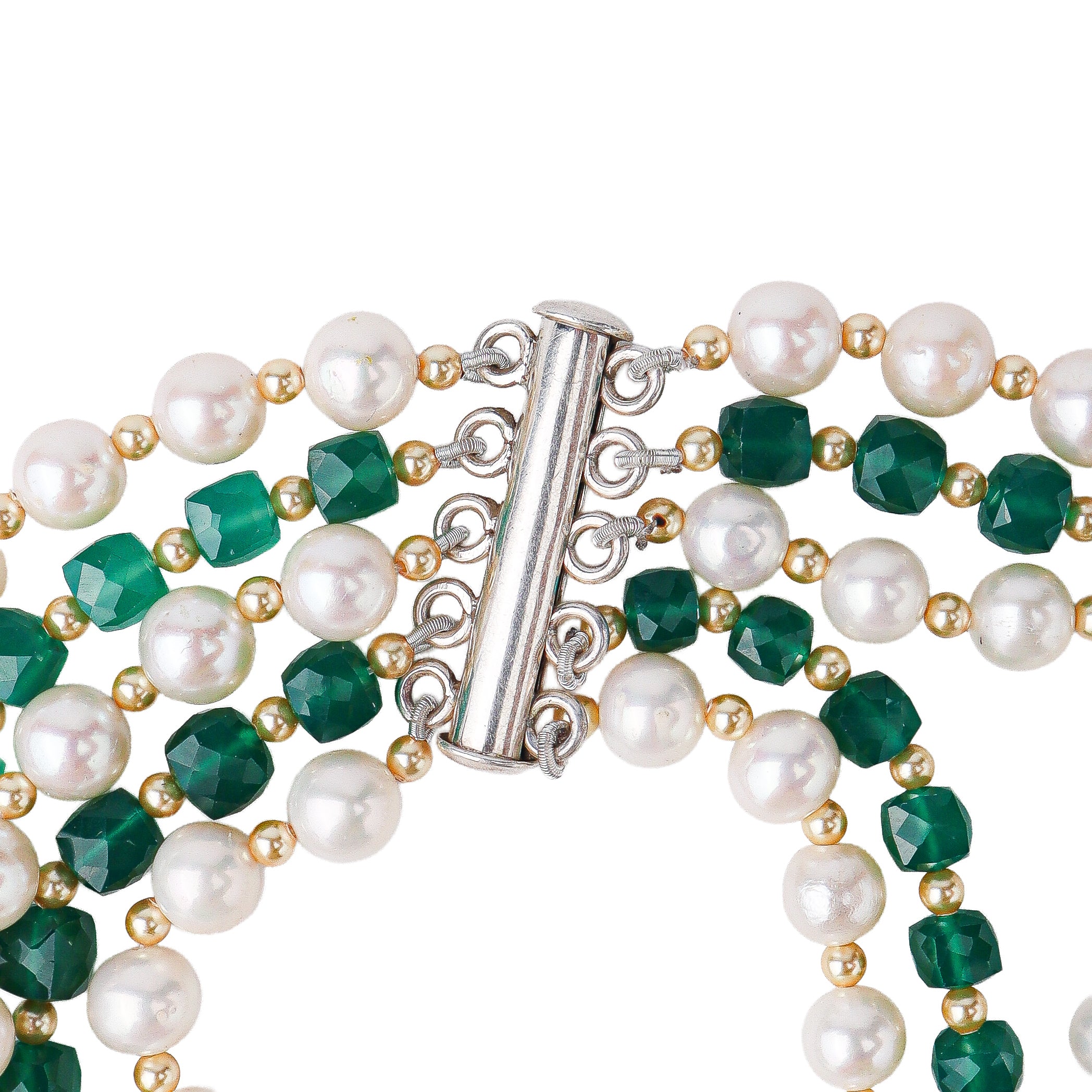 Luxe Necklace with green onyx, freshwater, and golden pearls