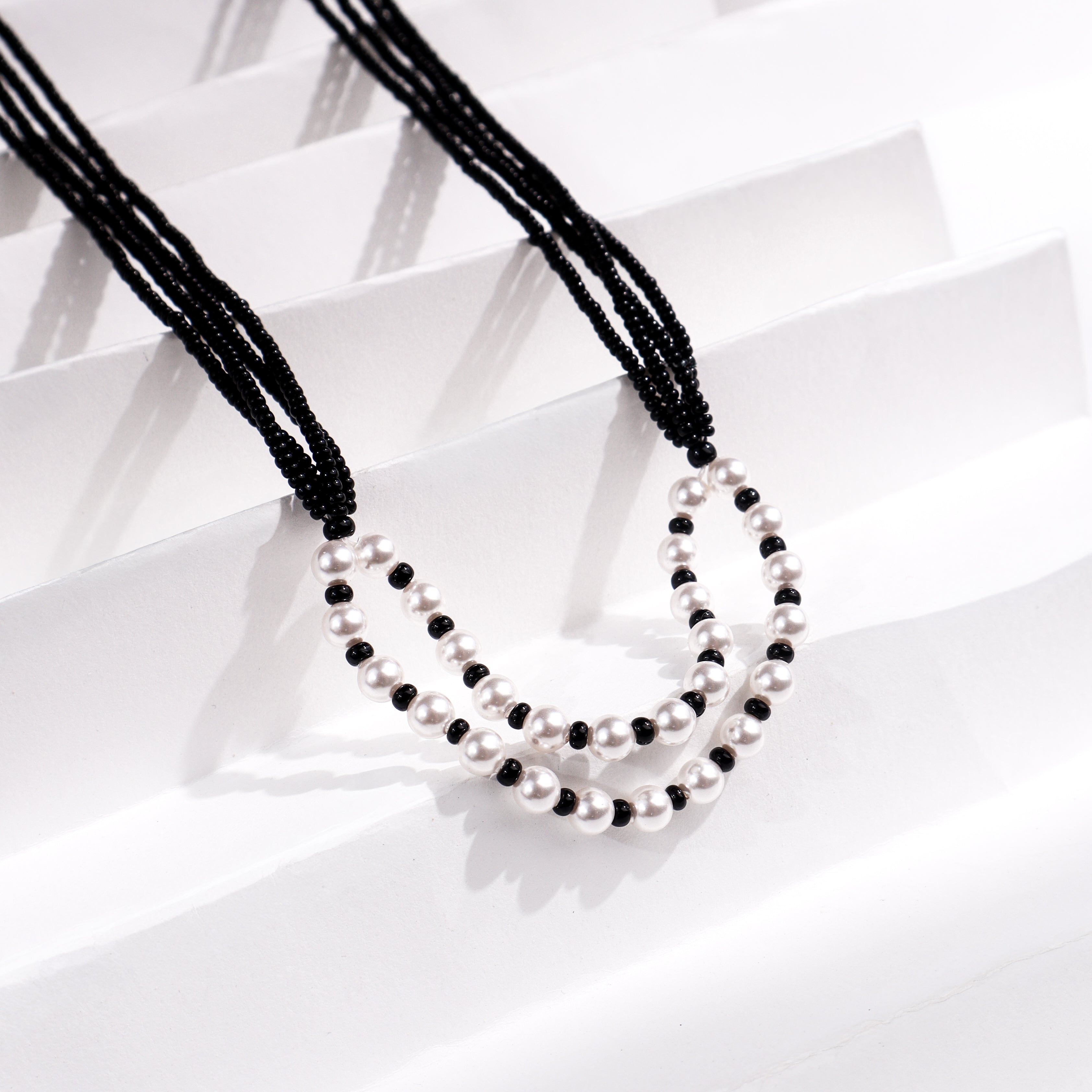 Pearl two layer mangalsutra with black beads and silver pearls for Indian jewelry