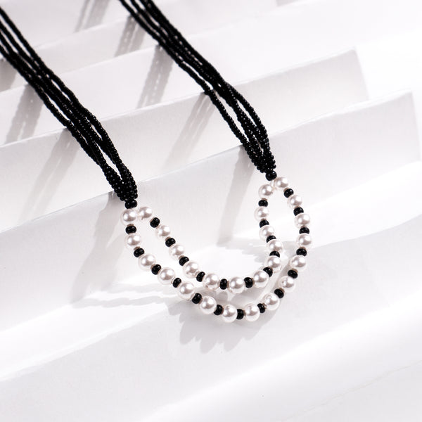 Pearl two layer mangalsutra with black beads and silver pearls for Indian jewelry