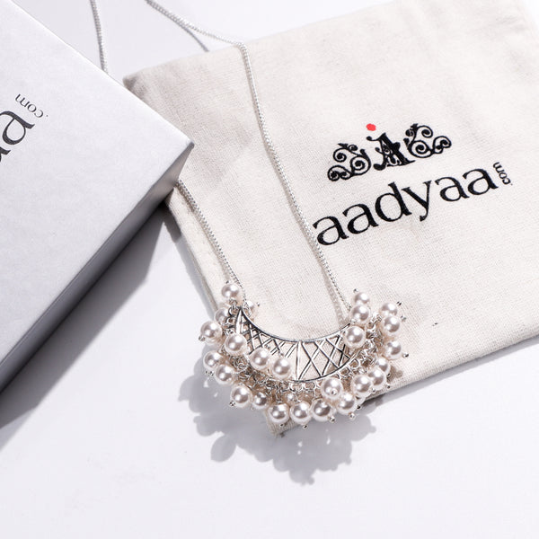Shiny Silver Chand filigree necklace with pearls from House of Aadyaa