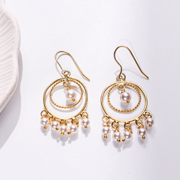 Gold plated pearl chandelier earrings with dangling pearls