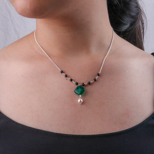Green Onyx, Black Spinel & Pearl Silver Chain Mangalsutra (Project Handmade)