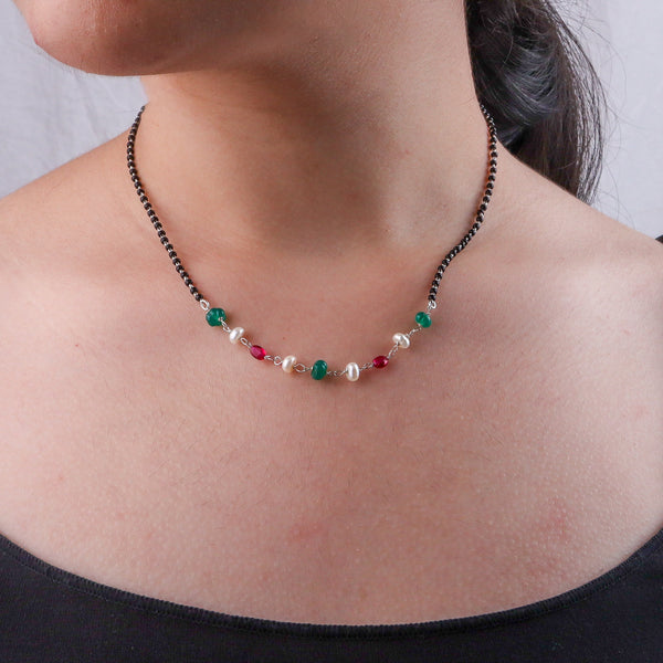 Rubies, Green Onyx & Pearl Silver Mangalsutra (Project Handmade)