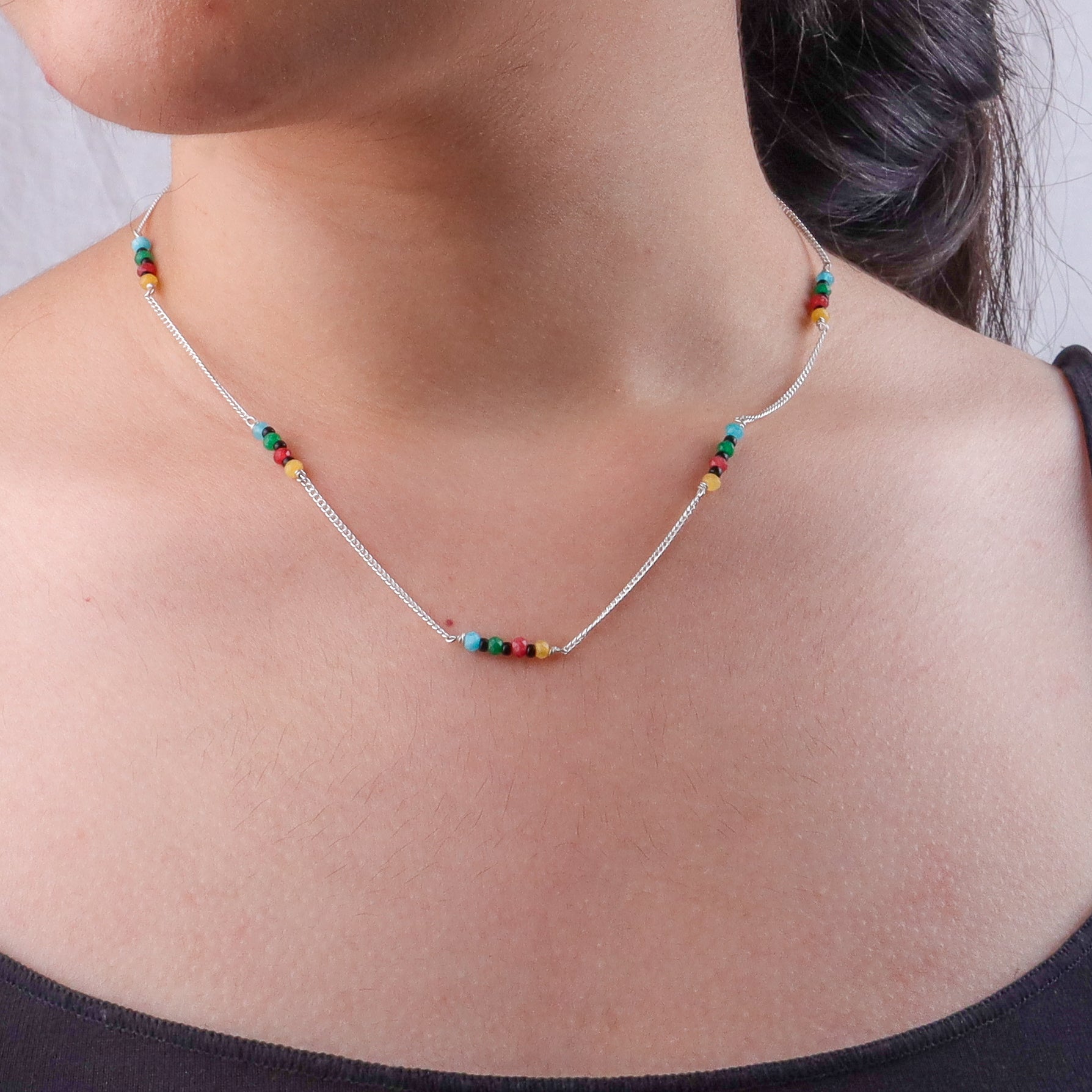 Multicolor Jade Silver Chain Mangalsutra (Project Handmade)