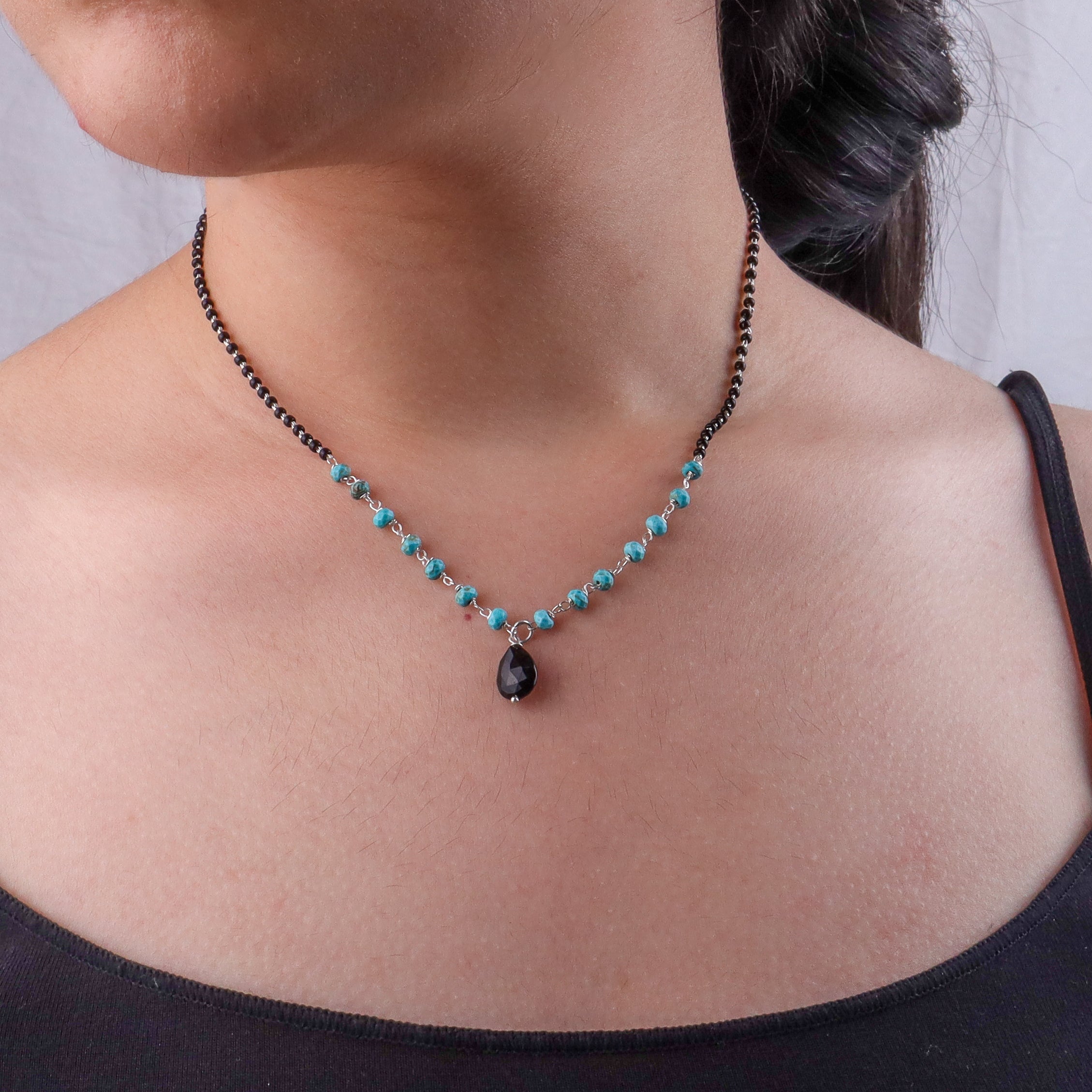 Turquoise & Black Spinel Silver Mangalsutra (Project Handmade)