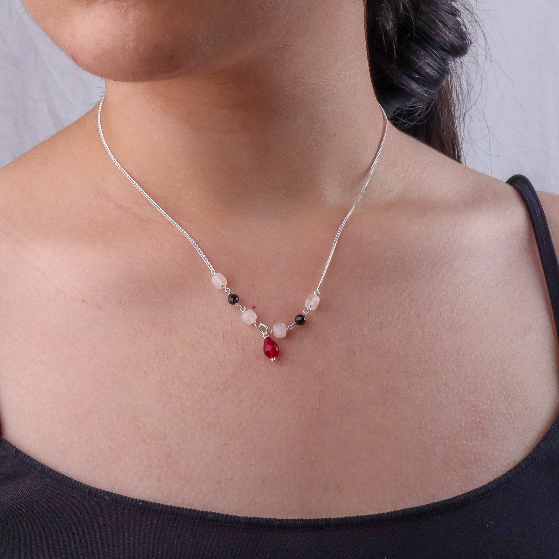 Rubies, Rose Quartz & Black Spinel Silver Chain Mangalsutra (Project Handmade)