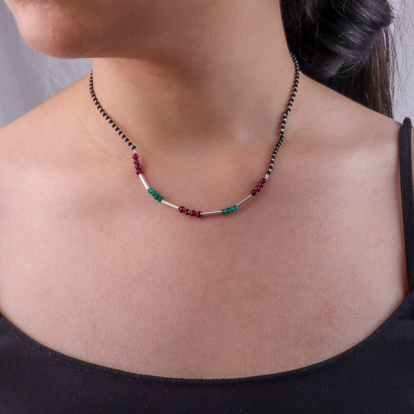 Green Onyx, Garnet & Pipe Silver Mangalsutra (Project Handmade)