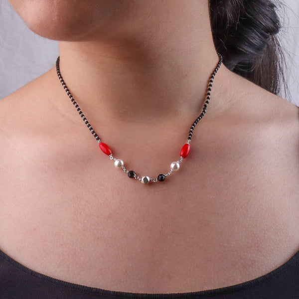 Coral, Pearl, Black Spinel & Ashtapailu Bead Silver Mangalsutra (Project Handmade)