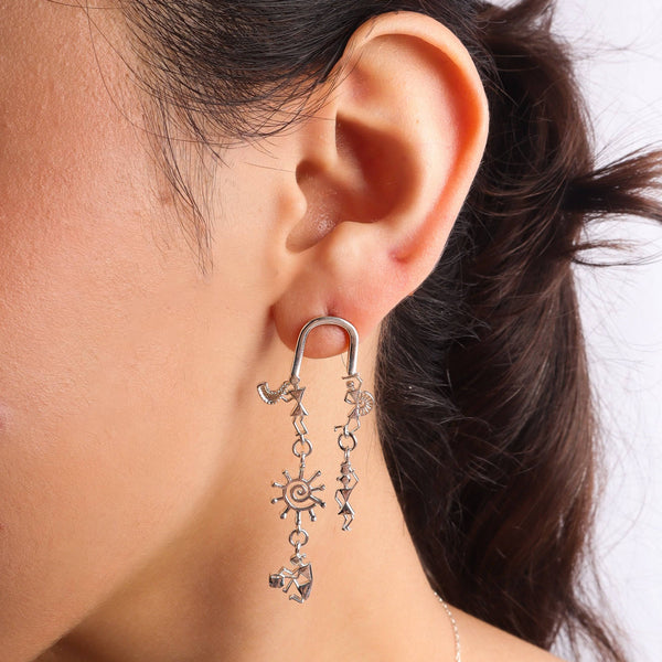 Silver earrings with Warli motifs, handcrafted jewelry, 92.5 silver, cultural design