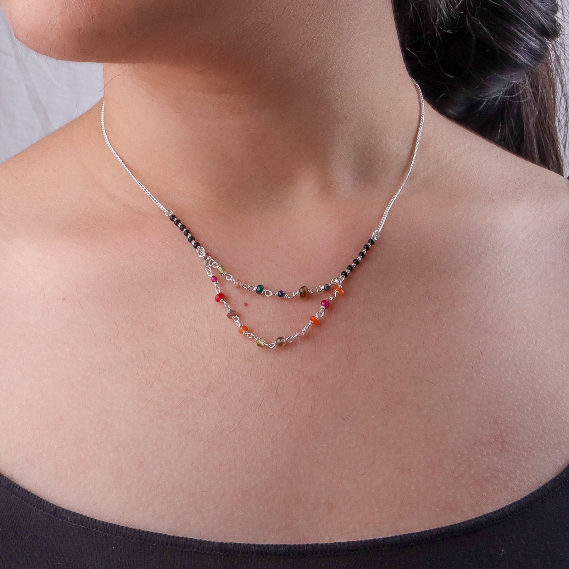 Multicolor Double Layered Silver Chain Mangalsutra (Project Handmade)