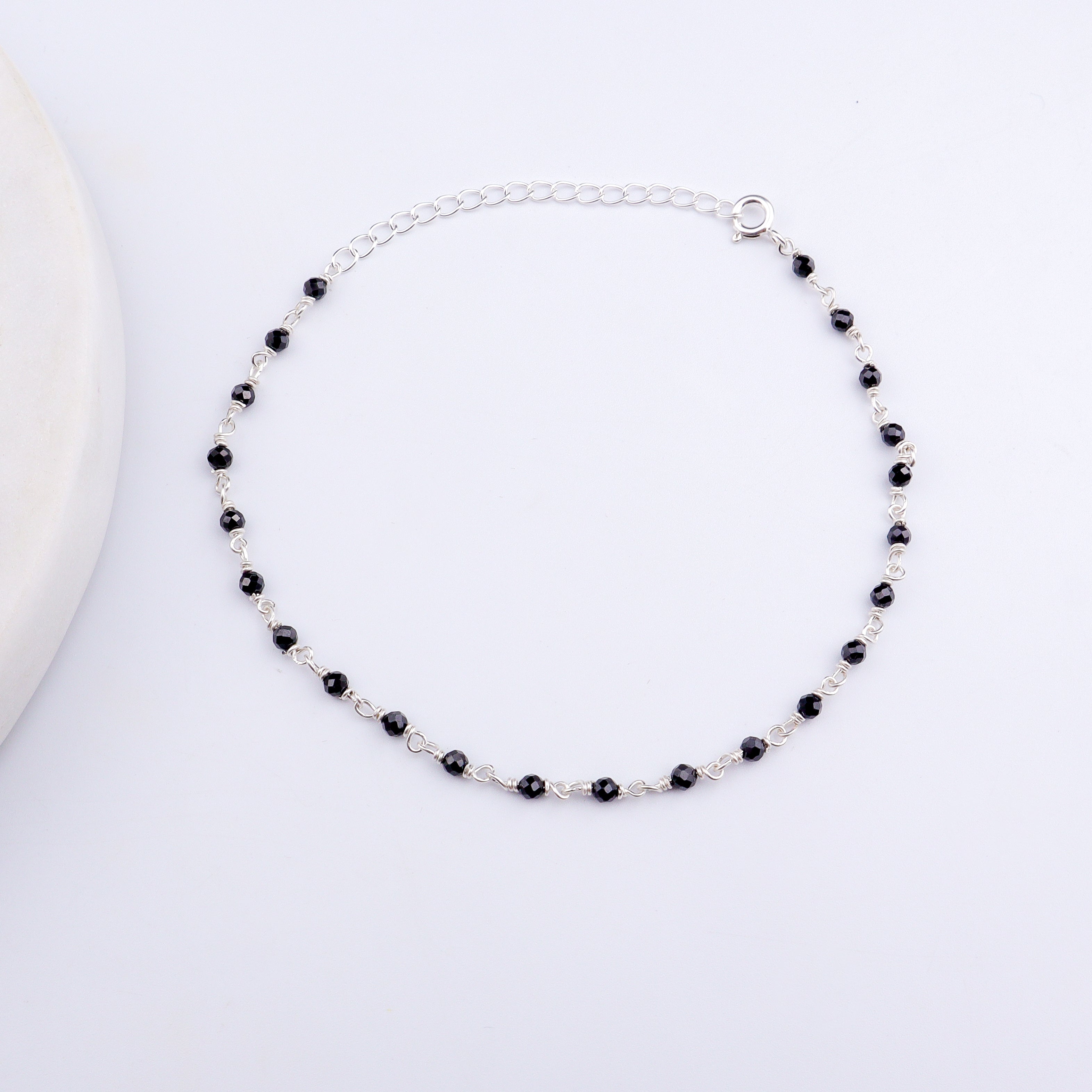 Black Spinel Silver Anklet