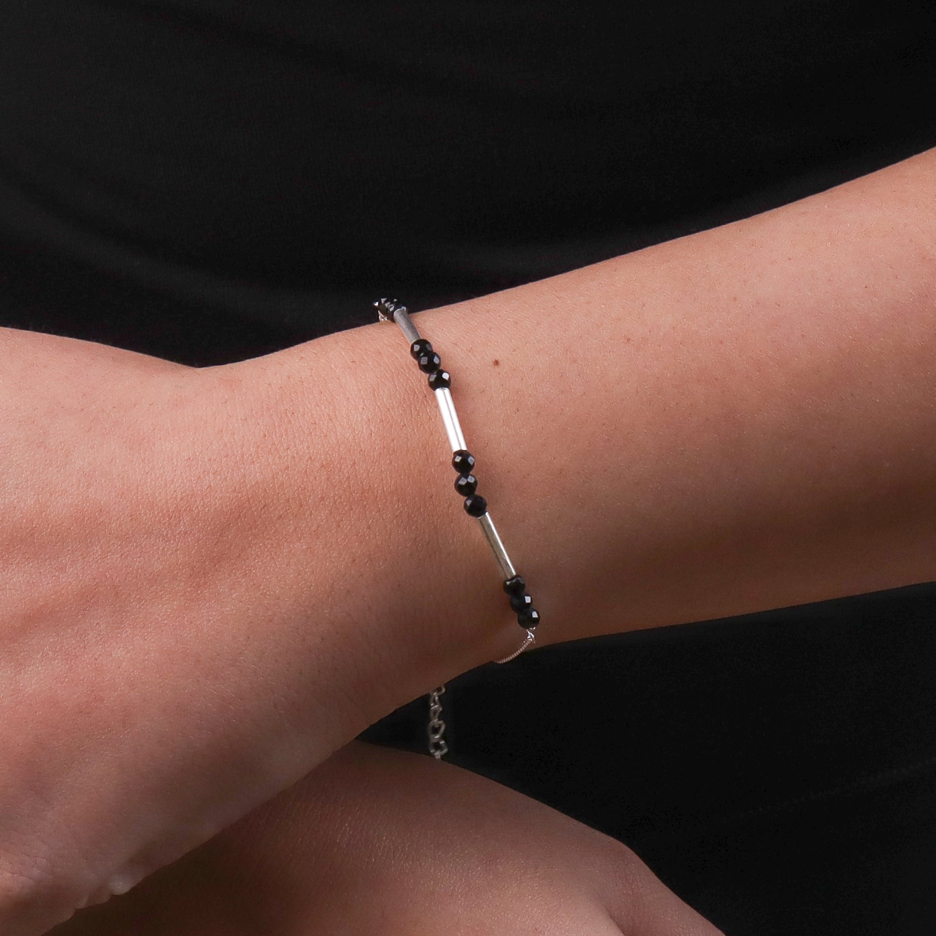 Black Spinel & Pipe Silver Chain Mangalsutra Bracelet (Project Handmade)