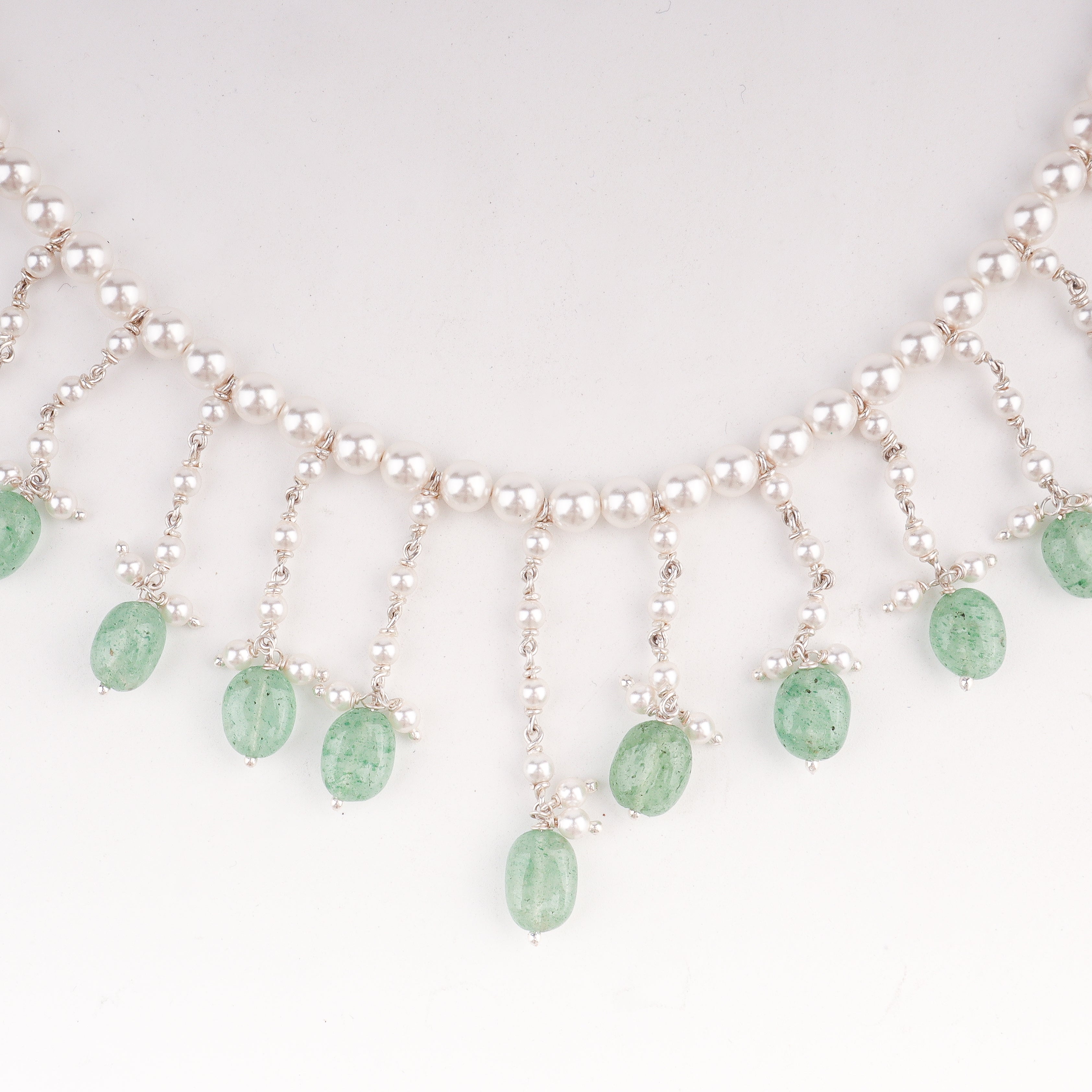 Pearl and Russian quartz silver necklace close-up detailing