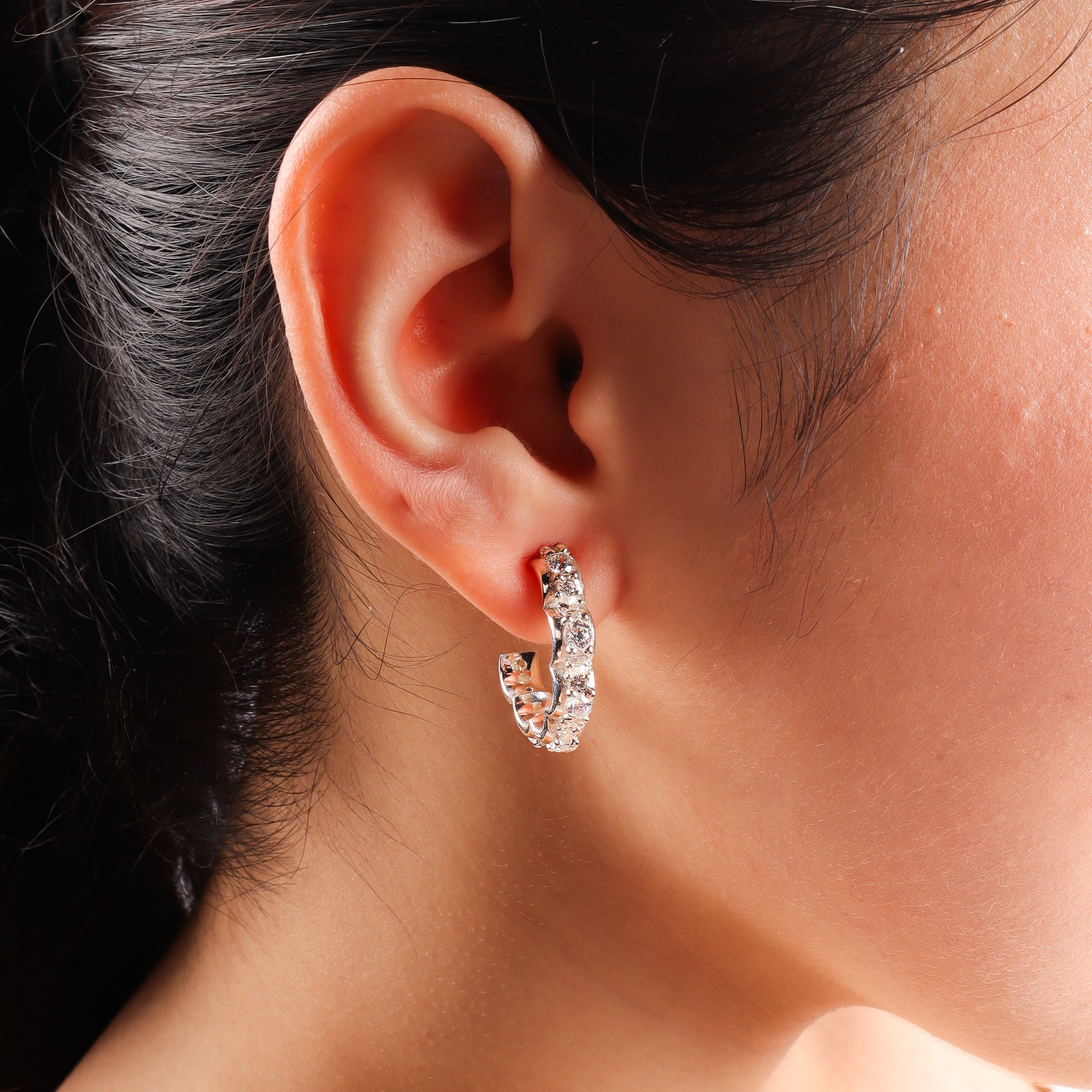 Silver Floral Shaped Hoops with CZ Stones