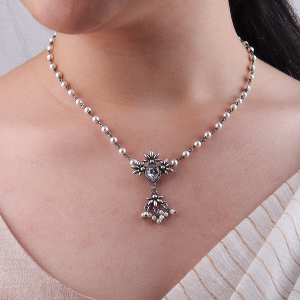 Oxidised Silver Petal Tanmani Necklace with Pearls