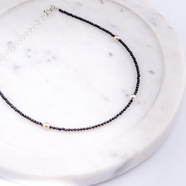 Black Spinel Anklet with Silver Beads