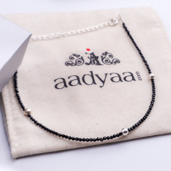 Black Spinel Anklet with Silver Beads