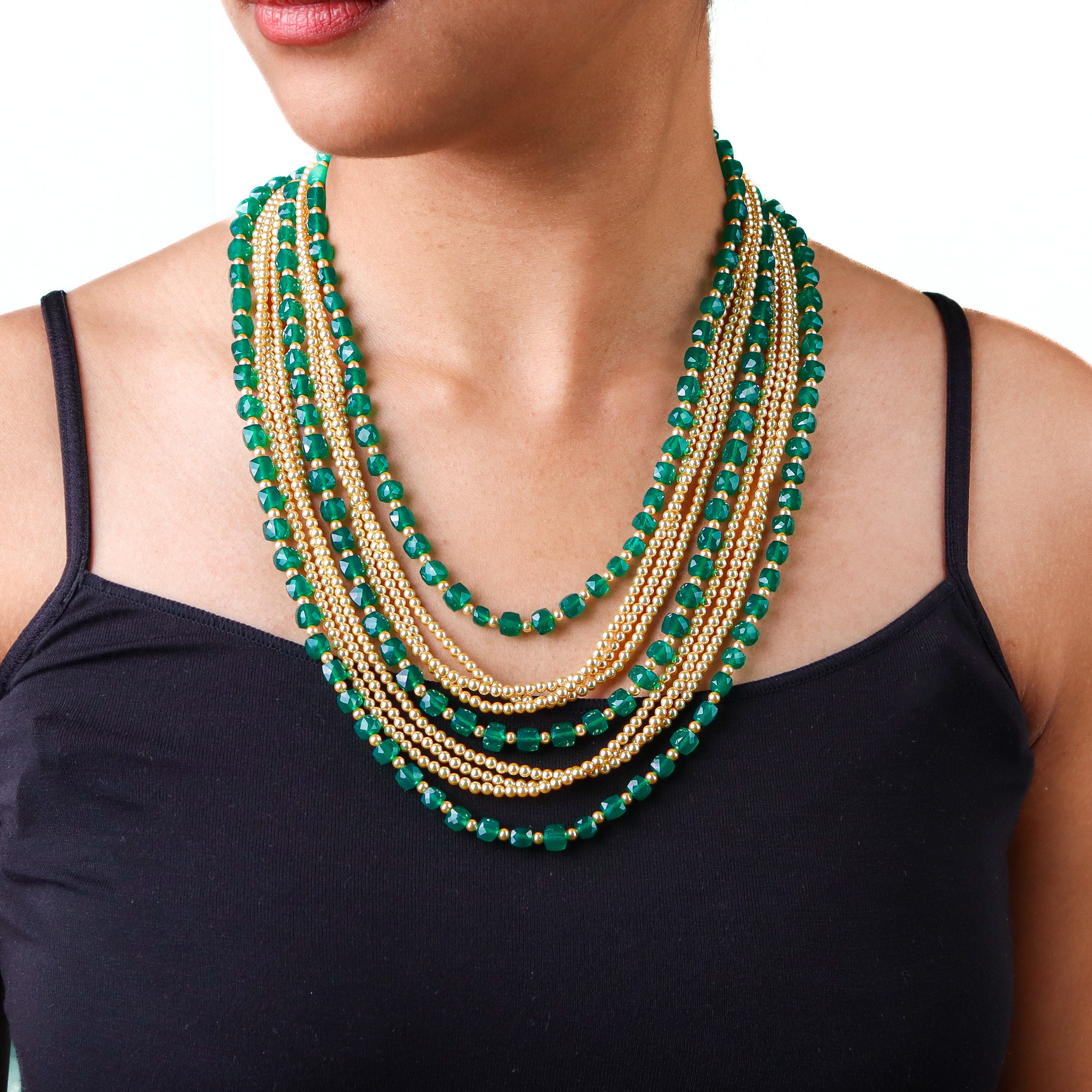 Luxe Necklace- Green Onyx and Golden Pearls