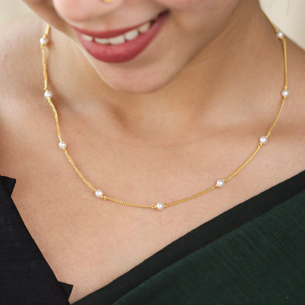 Pearl Chain Necklace with Gold and Silver