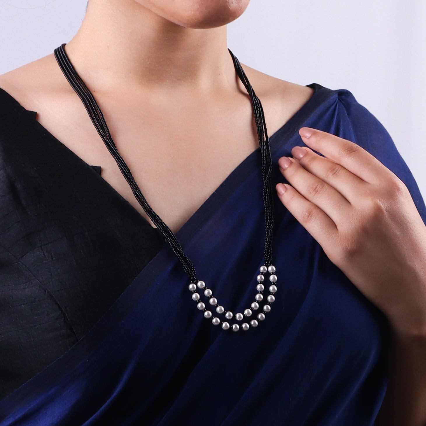 Pearl two layer mangalsutra with black thread and silver pearls