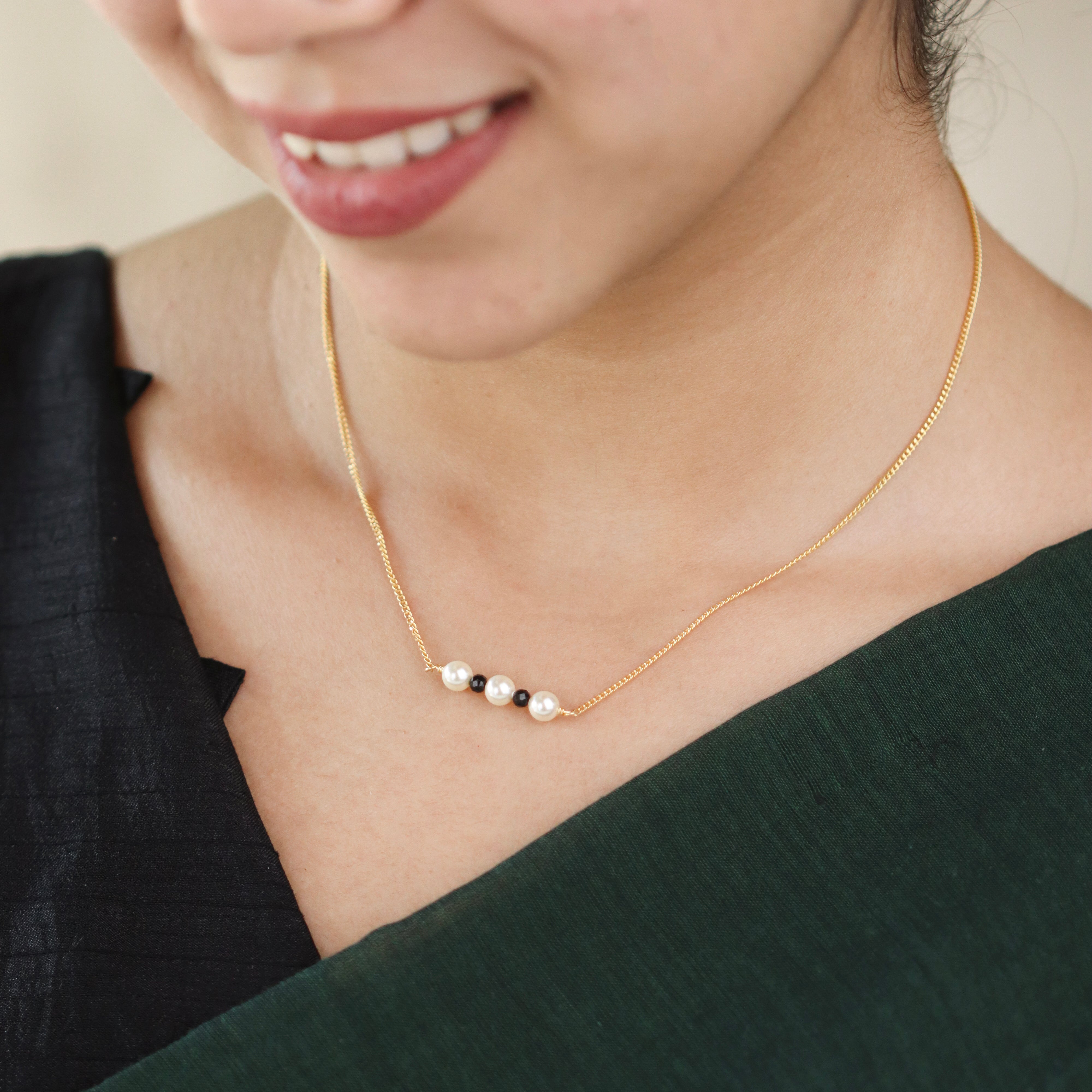 Silver Chain Pearl Mangalsutra : Cream Pearls and Spinel (Gold Plated)