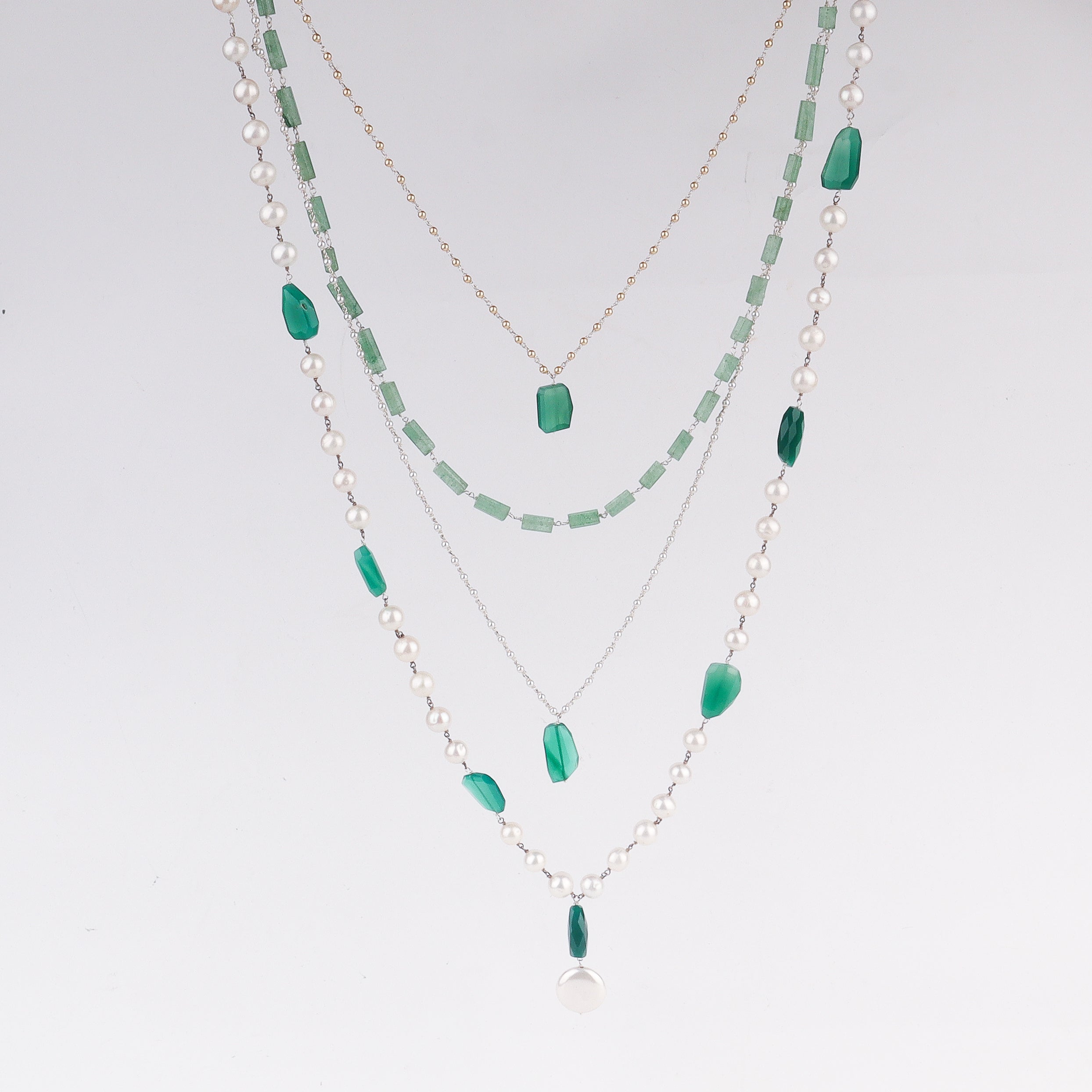Luxe Necklace - Russian Emrald Stone, Green Onyx & Fresh Water Pearls
