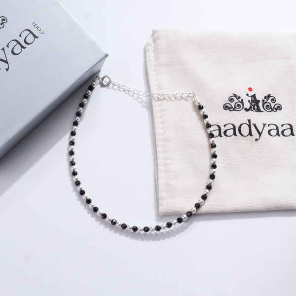 Pearls and Black Spinel Anklet with Sterling Silver chain on white background