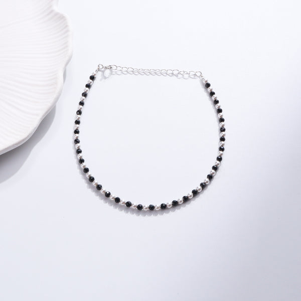 Pearls and Black Spinel Anklet with Sterling Silver chain on white background