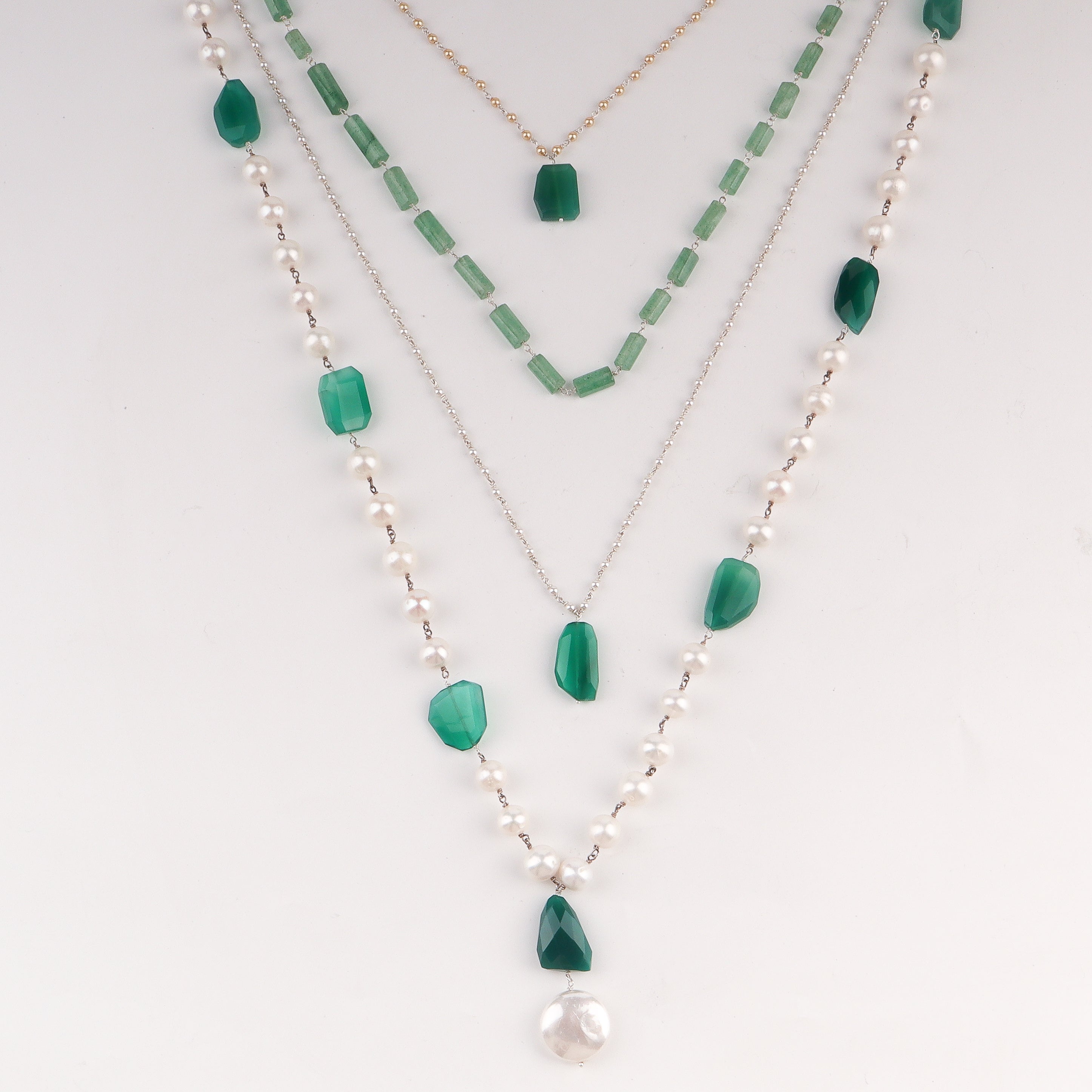 Luxe Necklace - Russian Emrald Stone, Green Onyx & Fresh Water Pearls