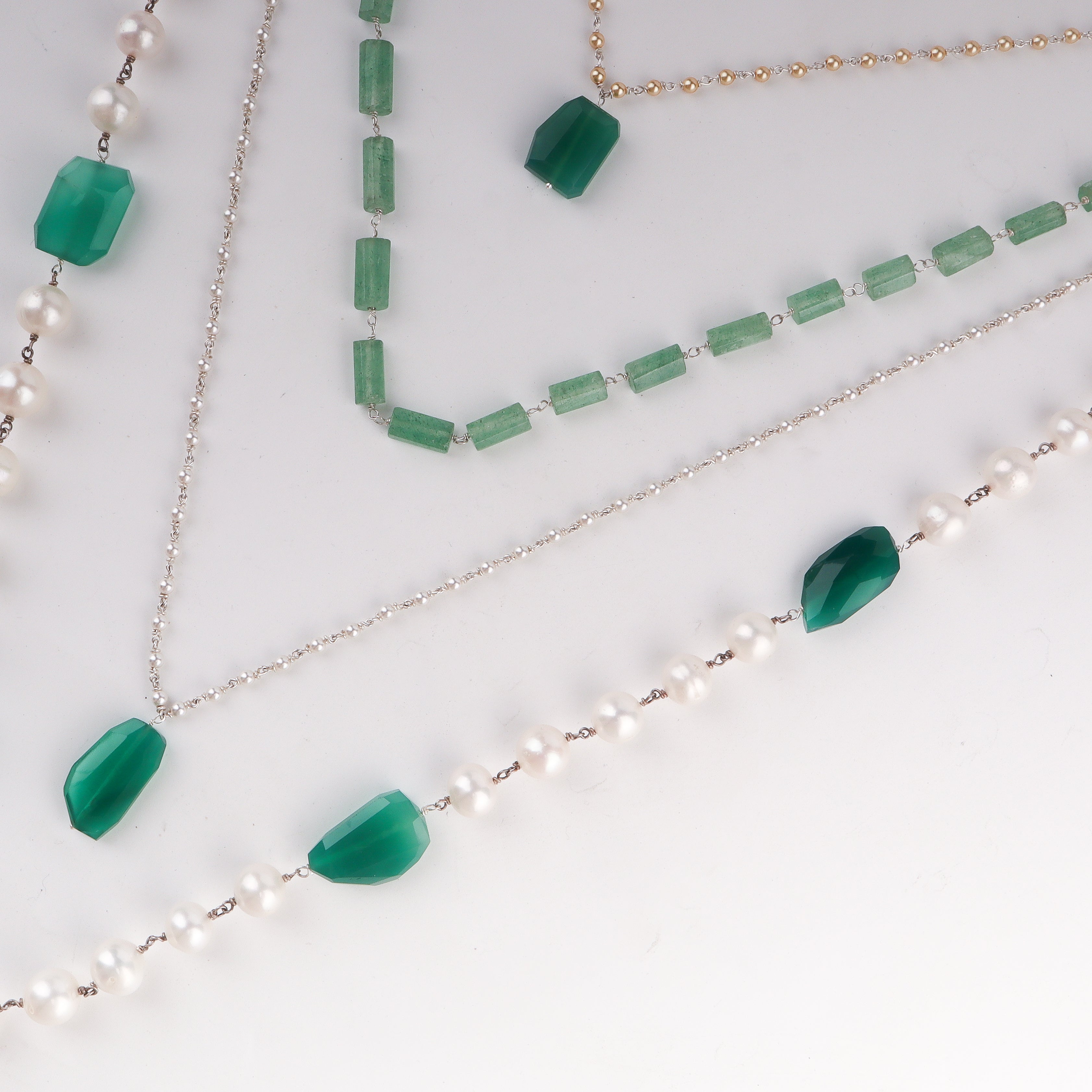 Luxe Necklace - Russian Emrald Stone, Green Onyx & Fresh Water Pearls