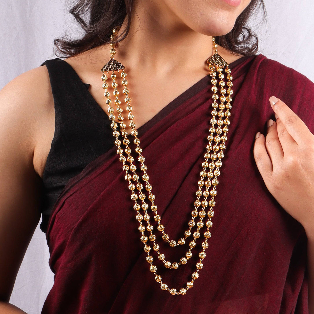 Gold 3 Layer Mohan Maal Necklace worn with saree