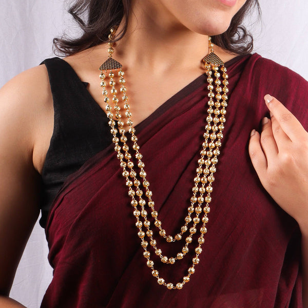 Gold 3 Layer Mohan Maal Necklace worn with saree
