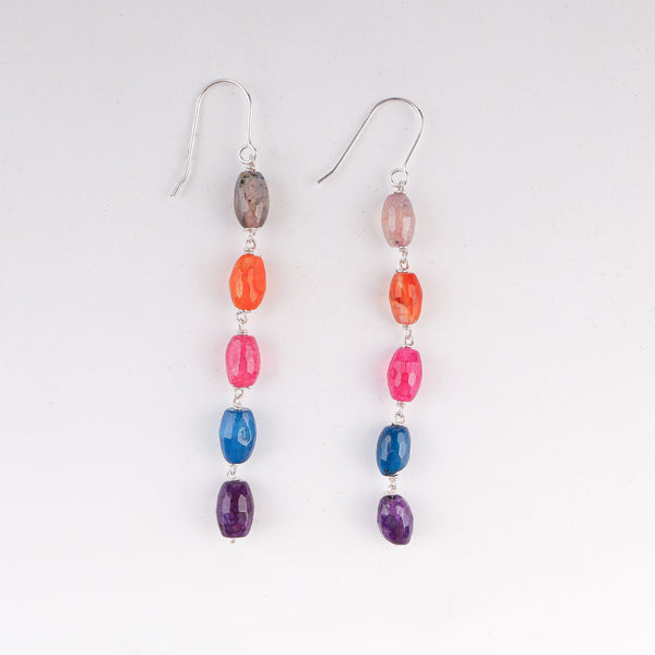 Front view of multicolour dangling earrings in 92.5 sterling silver with vibrant gemstone accents and elegant drop design