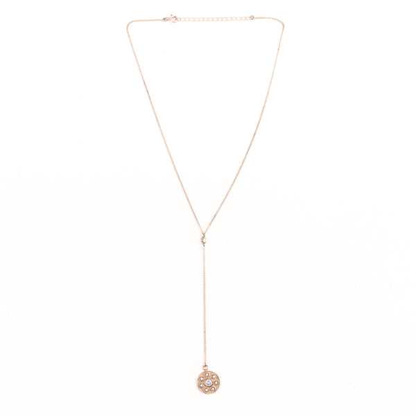 Silver Y necklace styled with V-neck dress