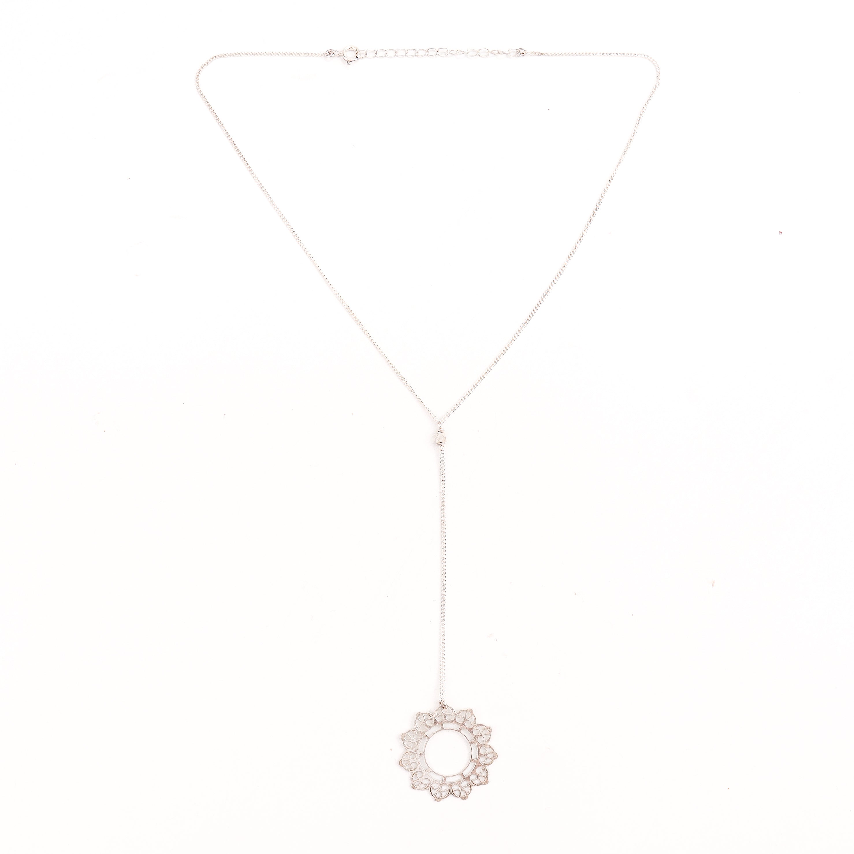 Angled side view of Silver Abstract Filigree Pendant Y Necklace