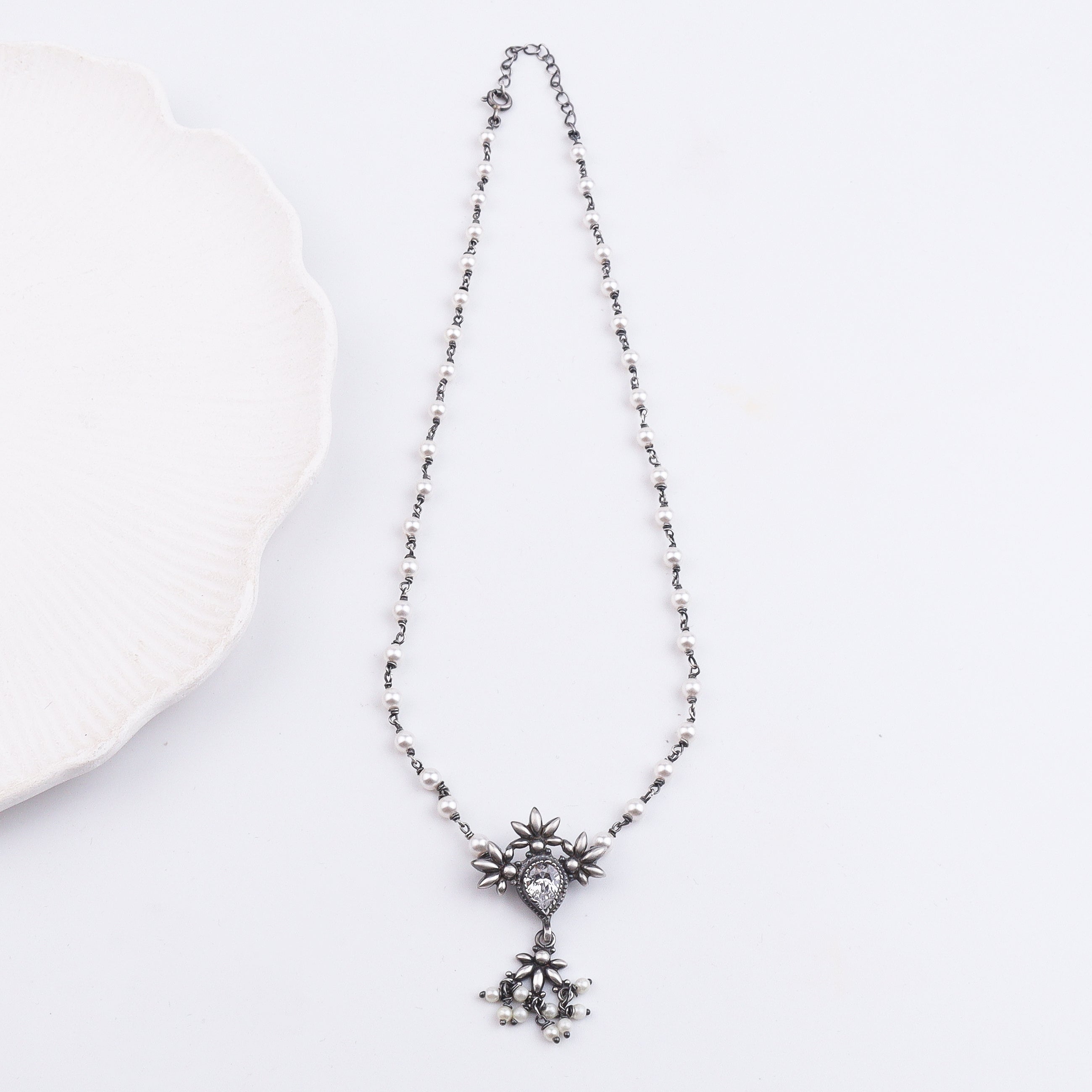 Oxidised Silver Petal Tanmani Necklace with Pearls