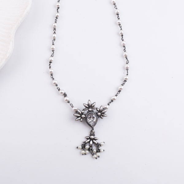 Oxidised Silver Petal Tanmani Necklace with Pearls