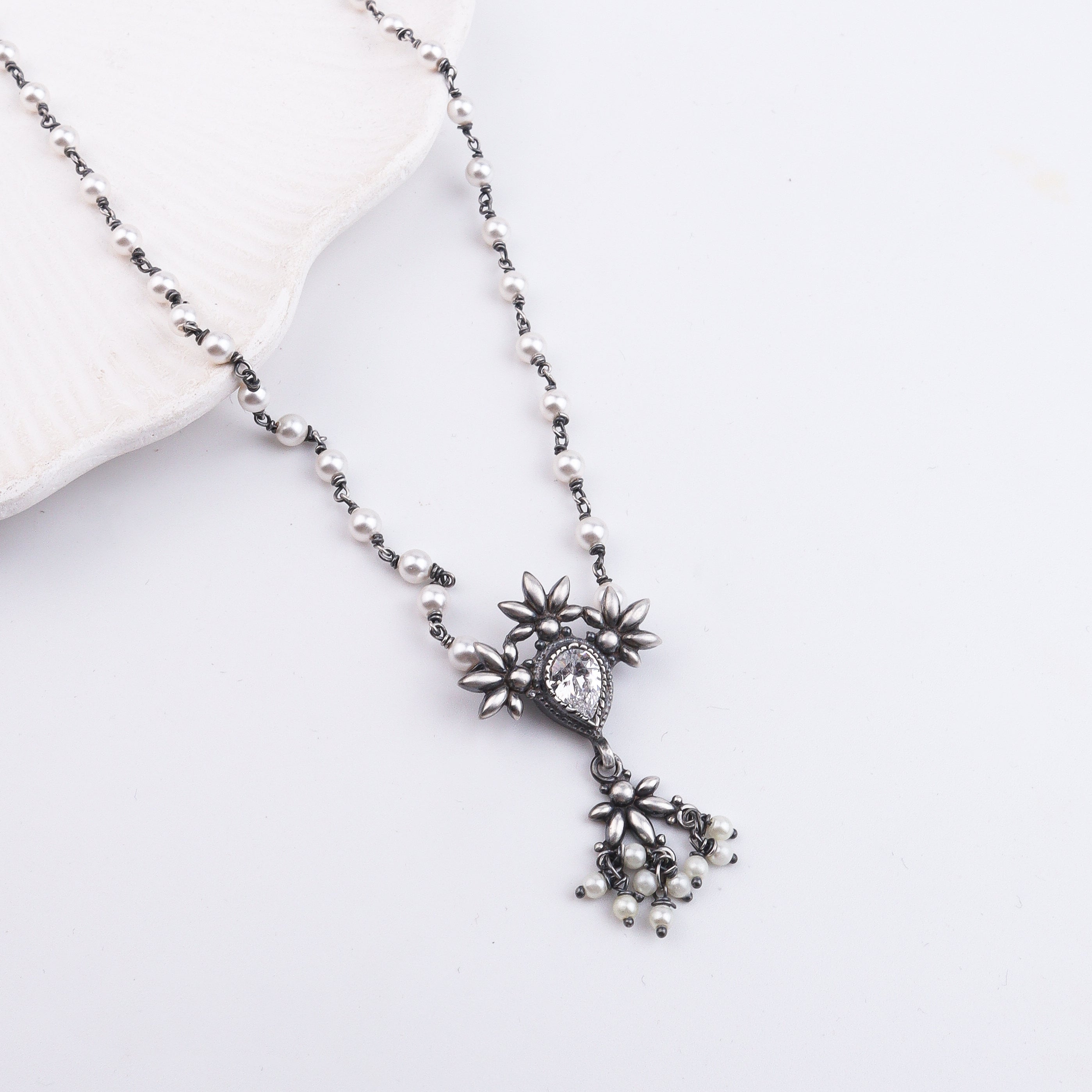 Oxidised Silver Petal Tanmani Necklace with Pearls