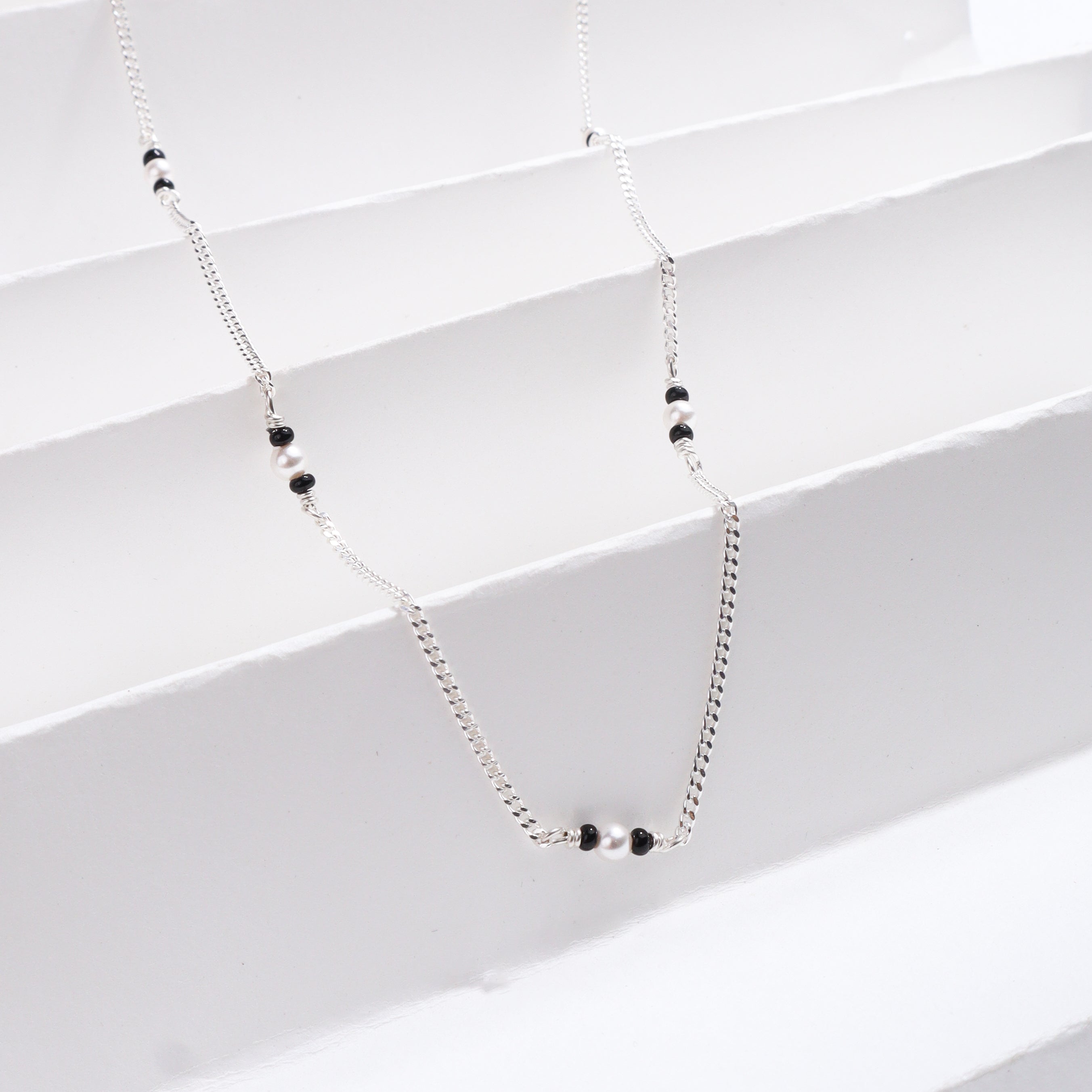 Handmade Silver Mangalsutra : Pearls - Black spinels