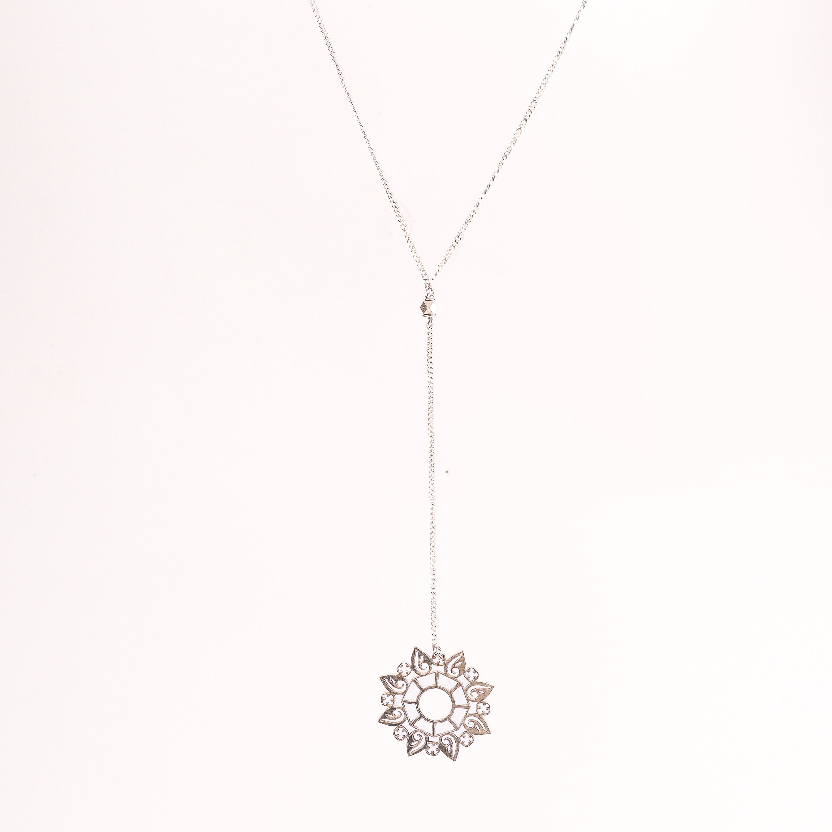 Angled side view of Silver Rosebud Pendant Y Necklace
