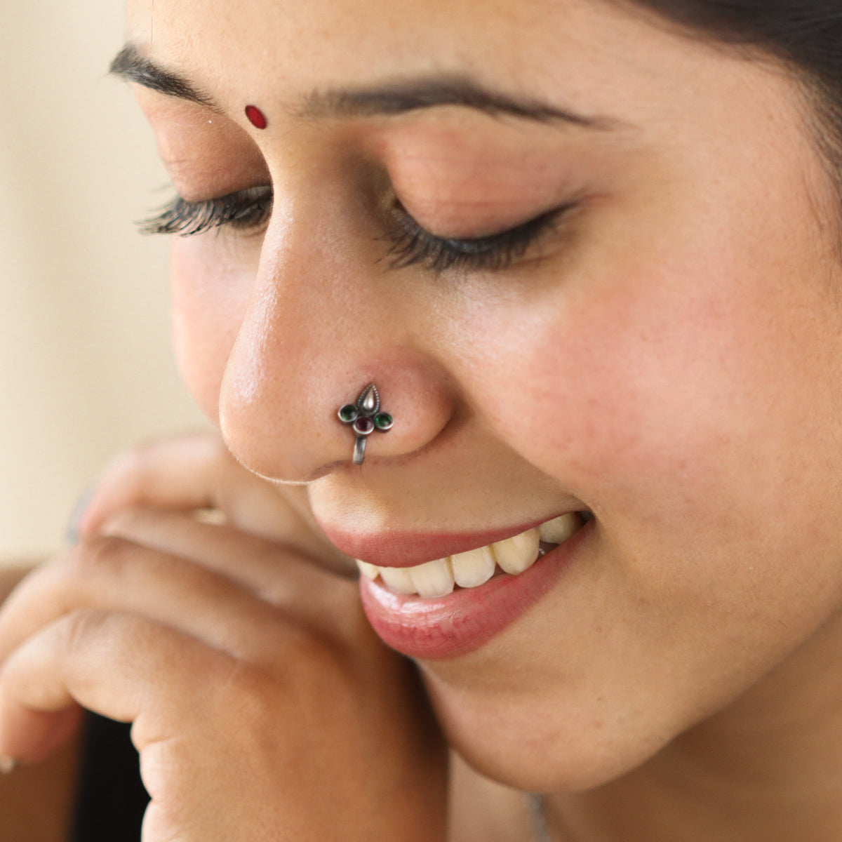 Silver Koyari Nose Pin with Stones (Clip On)