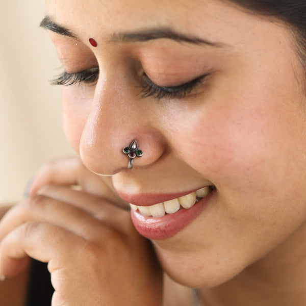 Silver Koyari Nose Pin with Stones (Clip On)