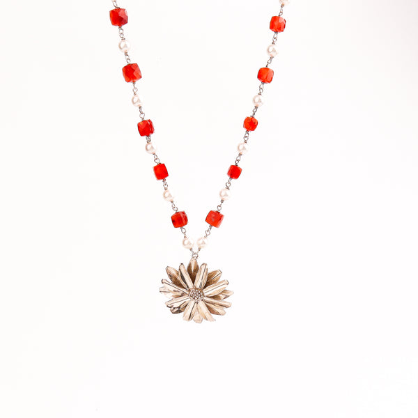 Sterling silver sunflower pendant with Carnelian and Pearl necklace