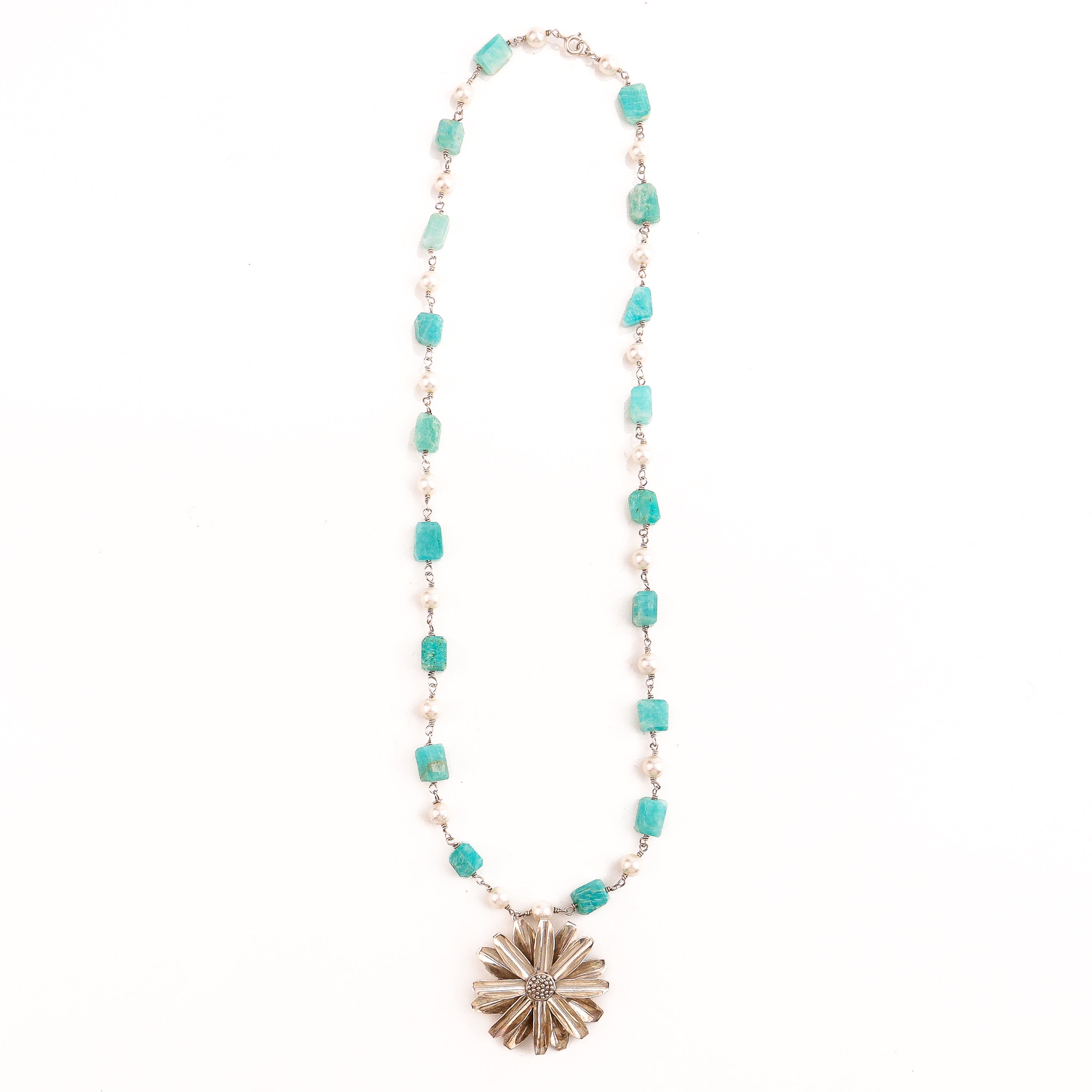 Angled side view of Silver Soorajmukhi Pendant Blue Amazonite Stones