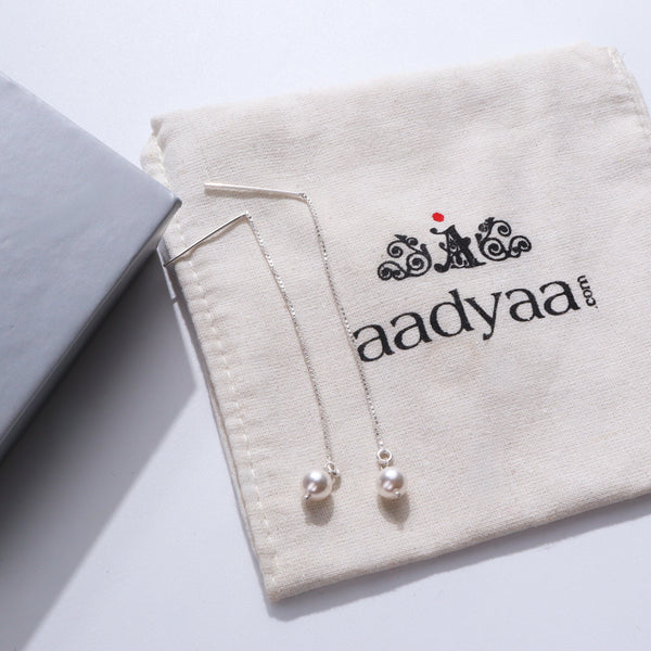Sui Dhaaga Pearl Drop Earrings on Aadyaa cloth